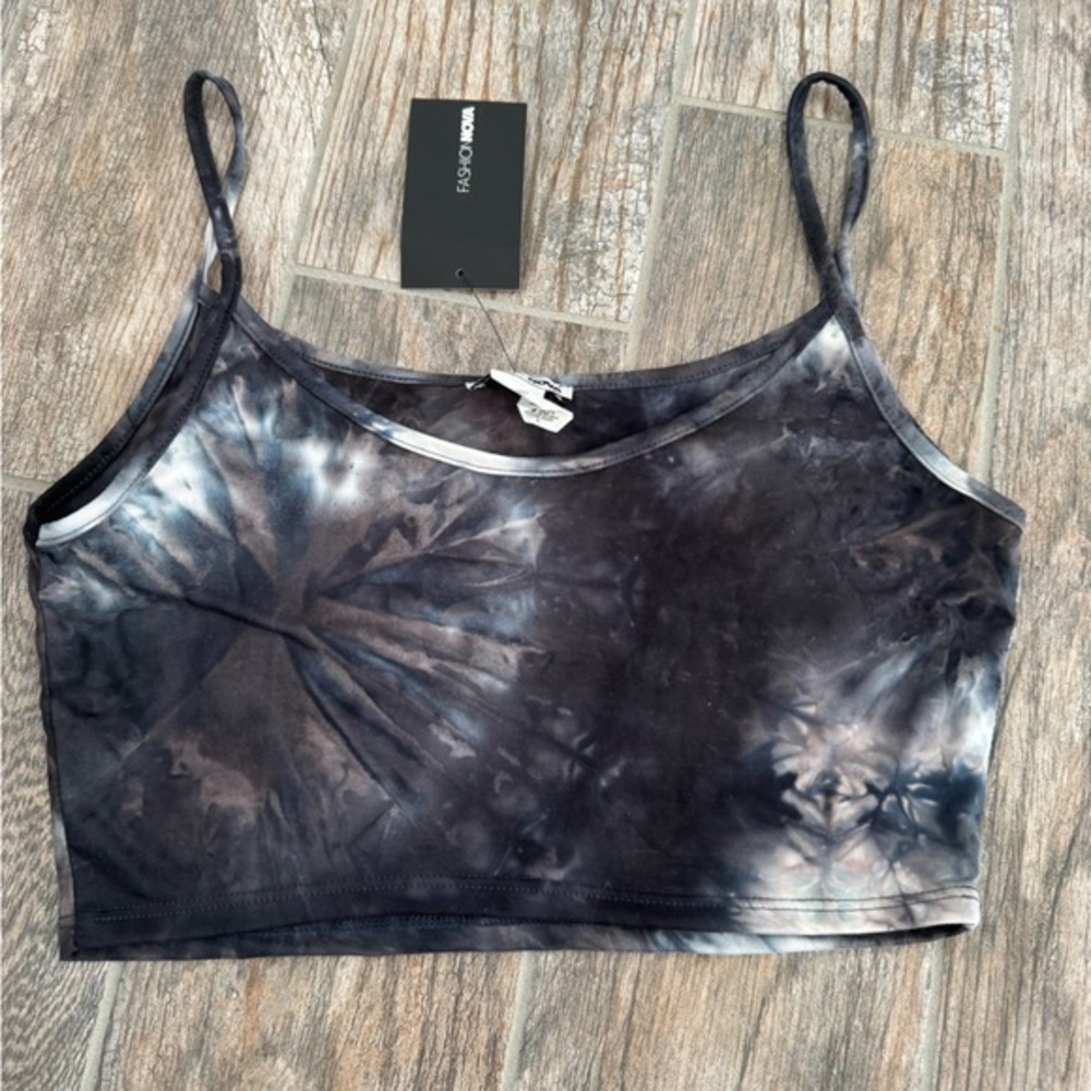 Fashion Nova Black and Gray Tie-Dye Tank